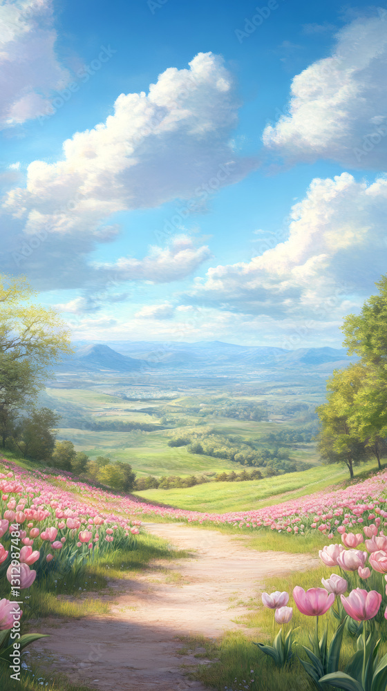 Poster path leading through a field of pink tulips with a beautiful valley and mountains in the background 