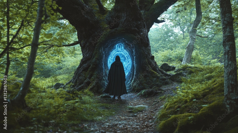 Aufkleber mysterious figure approaching enchanted tree with glowing portal in lush forest setting
