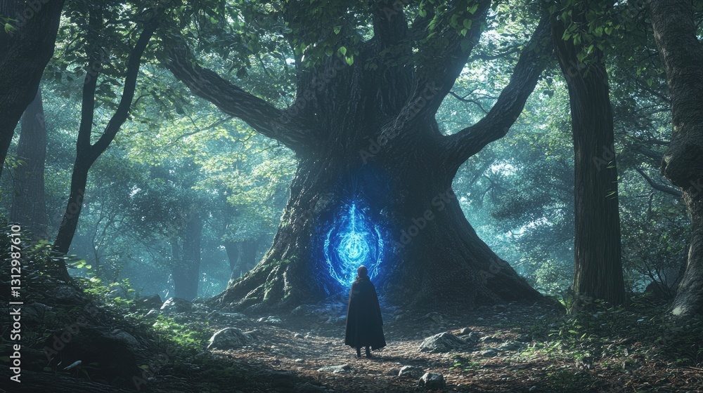 Poster mysterious figure stands before an ancient tree with a glowing portal in an enchanted forest setting