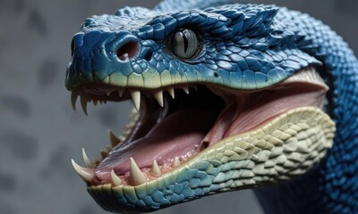 Fototapeta premium High resolution image of blue viper snake's head with sharp fangs, blue viper, fangs, sharp