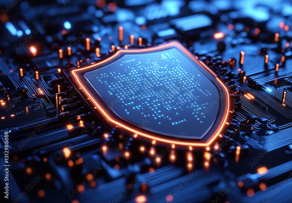 Poster digital shield symbolizing cybersecurity protection on futuristic circuit board with led lights and 