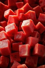 Close-up of vibrant red watermelon cubes in a bowl.