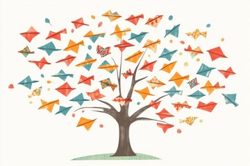 Colorful Paper Airplanes Representing Leaves Growing From a Tree