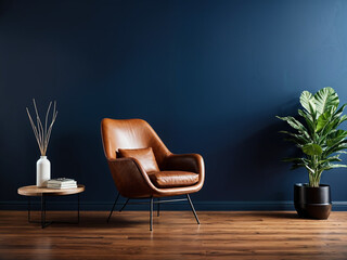 Modern interior of living room with leather armchair on wood flooring and dark blue wall	 modern living room with sofa