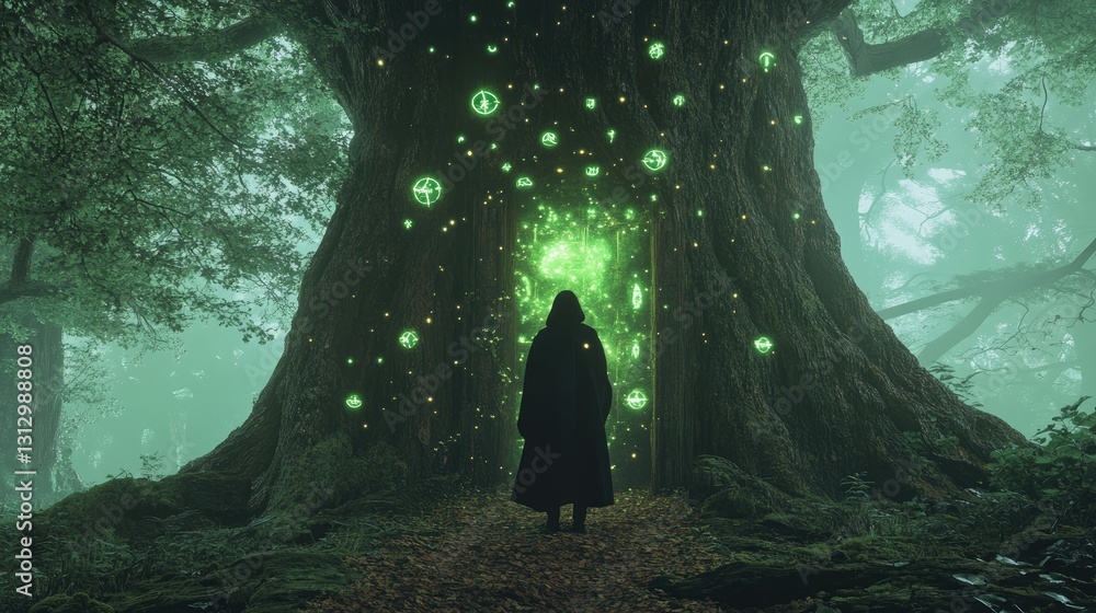 Aufkleber mysterious green portal in ancient tree surrounded by enigmatic symbols in a foggy forest setting