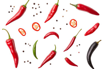Bunch of peppers and spices are scattered across a white background, isolated