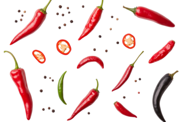 Bunch of peppers and spices are scattered across a white background, isolated