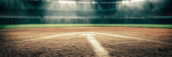 A baseball field with a white line on the dirt. The field is empty and the sun is shining brightly