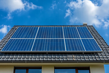 Fototapeta premium Panels on the roof of a contemporary house harness sunlight efficiently, contributing to renewable energy efforts under a bright sky with scattered clouds
