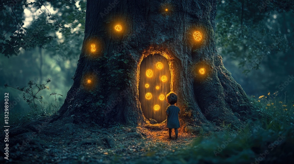Poster enchanted forest scene with glowing tree door and child exploring mystical environment