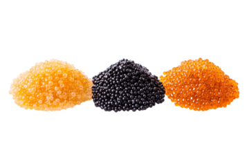 Three different colored grains of sand are piled on top of each other, isolated