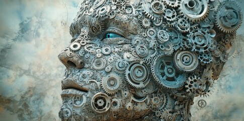 The intricate face sculpture is constructed from various mechanical gears