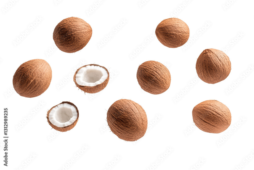 Poster close up of a bunch of coconuts with one of them cut open, isolated