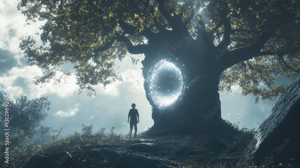 Aufkleber enchanted forest scene with a mysterious glowing portal among ancient trees inviting exploration and