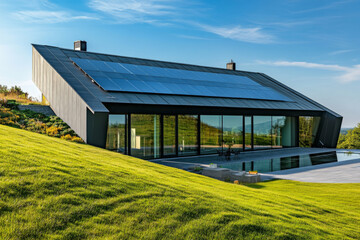 Solar panels rest on the slanted roof of a contemporary house, surrounded by lush greenery and a reflective pool in a serene afternoon setting
