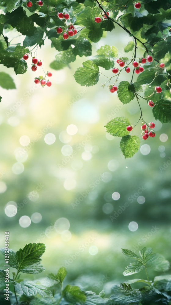 Poster vivid red berry clusters hanging from lush branch, soft green forest background blurring into delica