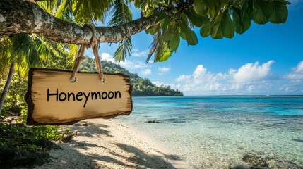 A sign hanging from a tree that says "Honeymoon" on it. The sign is hanging from a tree branch in front of a beach