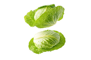 Fototapeta premium Two pieces of lettuce are shown in the air, one on top of the other, isolated