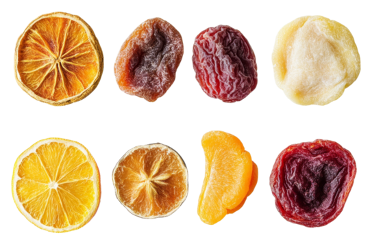 Close up of various dried fruit including dried orange slices, dried apricots, isolated