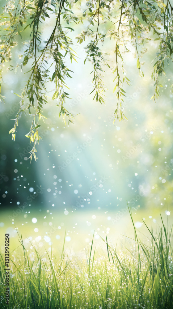 Poster willow branches with fresh green leaves hanging over a field of grass illuminated by spring sunlight