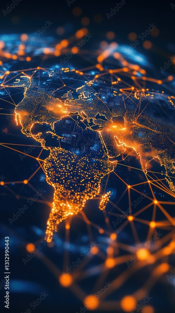 Poster illuminated world map with network connections and data flow