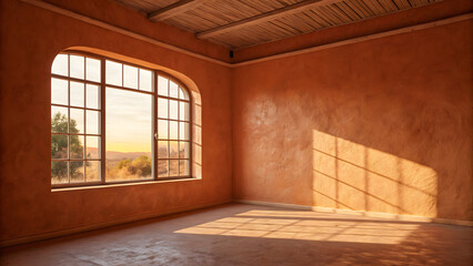 warm golden sunlight falling across a terracota wall, photo studio background