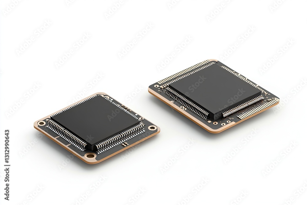 Aufkleber two square computer chips on printed circuit boards isolated on white background