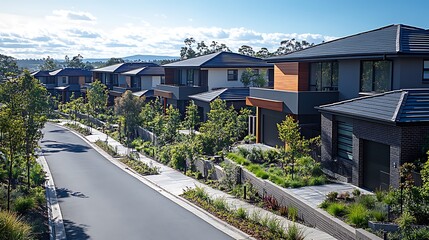 Modern Suburban Houses with Lush Landscaping on a Sunny Day