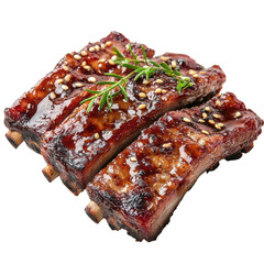 Juicy grilled ribs with savory glaze and herbs garnished on a white background