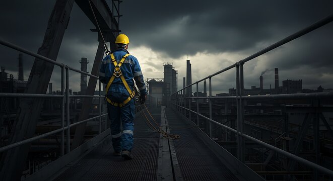Construction safety inspector wearing fall safety harness walking on the roof by clipping safety rope on fall arrest, fall restraint horizontal safety line while inspecting fixed roof anchor points