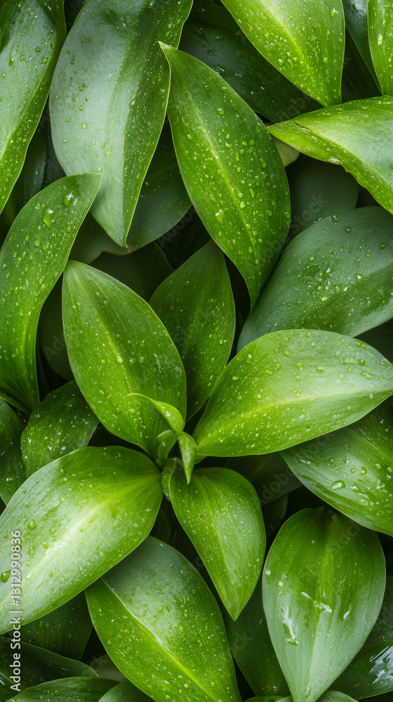 Poster close-up view of lush green leaves glistening with water droplets, creating a vibrant and refreshing