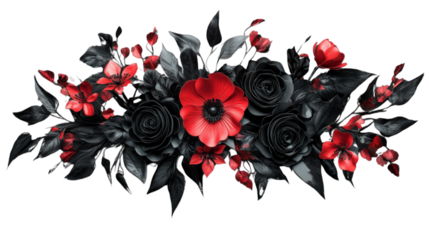 Bouquet of red and black flowers with transparent background