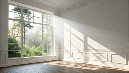 Fototapeta premium subtle window shadow overlaying a smooth white wall, photo studio background