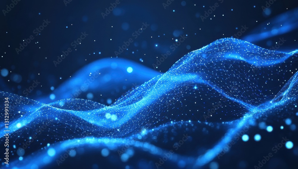 Poster dynamic blue waves of light with glowing particles in a dark background for futuristic and abstract 