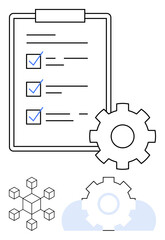 Obraz premium Checklist clipboard with three tasks, marked checkboxes, gear symbol, and cube network. Ideal for project management, task tracking, workflow optimization, data coordination, business strategy