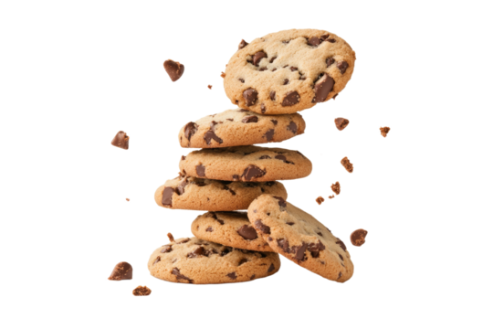 Stack of chocolate chip cookies with crumbs falling out, isolated