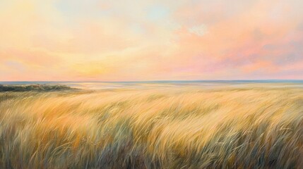 Obraz premium Serene Sunset Over Golden Fields Under a Vibrant Sky with Gentle Windswept Grass and Soft Pastel Hues