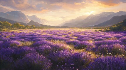 Serene Lavender Field Under Sunset with Majestic Mountains in Background