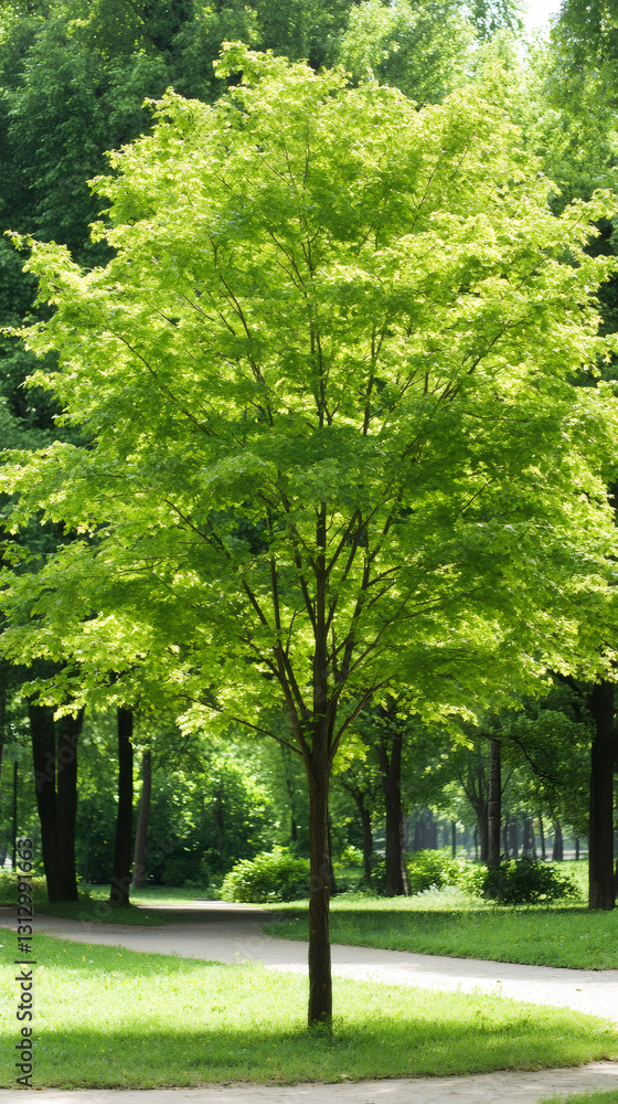Poster lush green maple tree standing beside a paved path in a tranquil park setting, bathed in the soft su