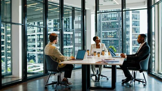 Video concept of a business meeting in a modern office. Wide-angle shot captures three professionals discussing at a table with city views.