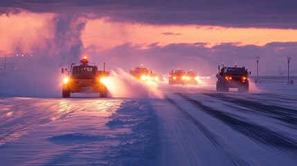 Snow Removal Equipment Clearing Roads During Winter Sunset Scene
