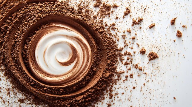 Swirl of Cream and Cocoa: A captivating swirl of rich cocoa powder encircles a dollop of creamy white substance, creating an abstract and intriguing visual.