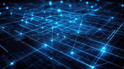 Obraz premium Blue data network. Glowing connections represent complex global communication for AI use