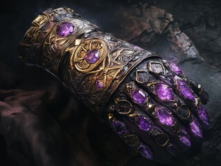 Obraz premium Intricate Gauntlet: Powerful artifact adorned with vibrant gemstones and ornate detailing, resting against a backdrop of stone and draped fabric.