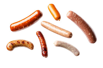 Row of hot dogs are shown in various colors and sizes, isolated
