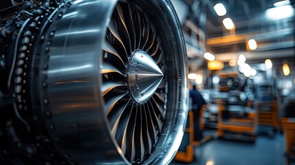 Detailed Close-up of a Modern Jet Engine Turbine in Workshop Setting
