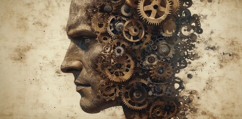 Human face composed of gears and machinery representing the mind