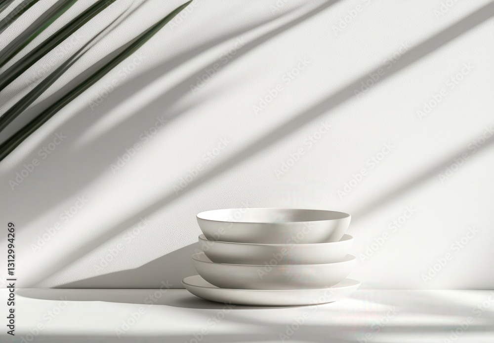 Poster elegant minimalist table setting with white plates and soft shadows on neutral background perfect fo
