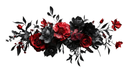 Red and black flowers creating a stunning floral arrangement on transparent background