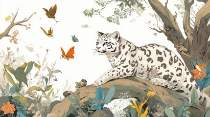 A snow leopard watches butterflies among the forest flora